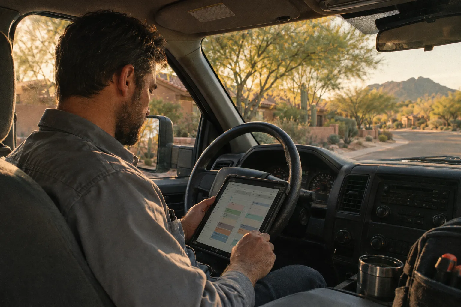 Contractor reviewing a work schedule on a tablet in a truck