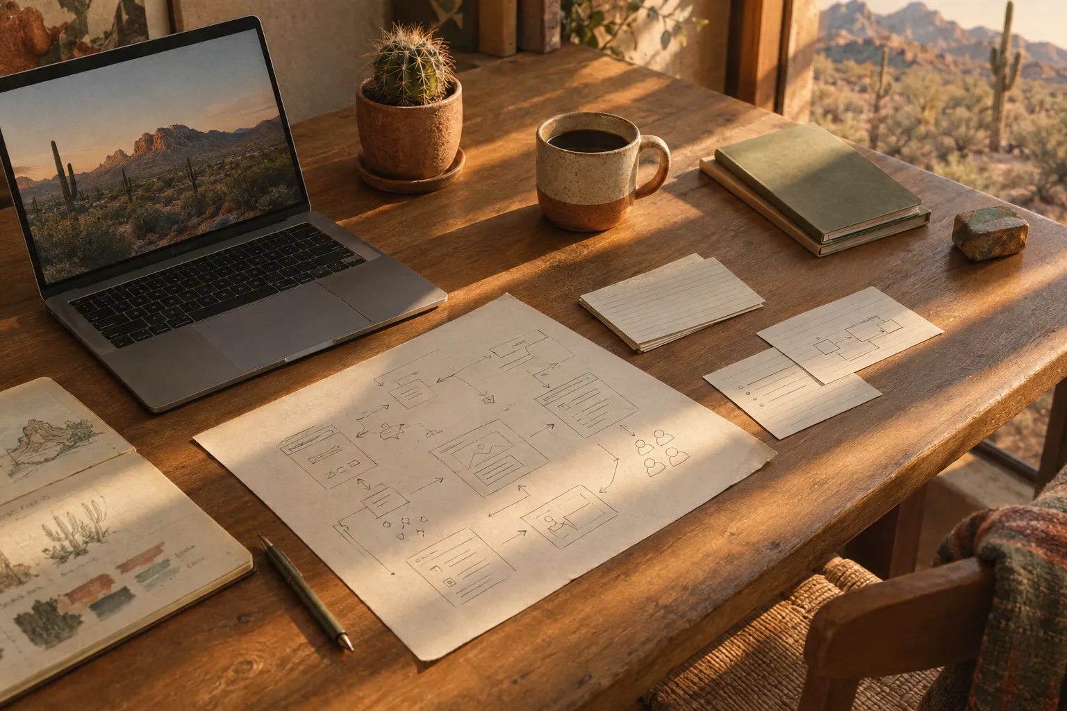 A builder's desk with a laptop, paper workflow sketches and a small potted cactus